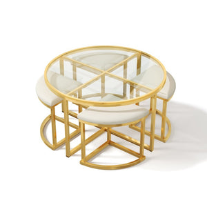 English Elm Modern Round Glass Top Coffee Table Set with Four Velvet Nesting Stools Gold Frame Clear N735P525144K