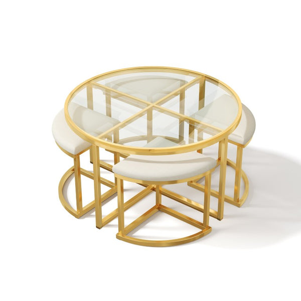 English Elm Modern Round Glass Top Coffee Table Set with Four Velvet Nesting Stools Gold Frame Clear N735P525144K