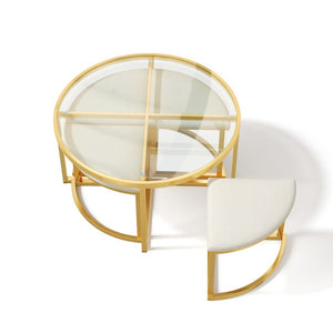 English Elm Modern Round Glass Top Coffee Table Set with Four Velvet Nesting Stools Gold Frame Clear N735P525144K