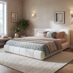 English Elm King Boucle Upholstered Platform Bed Rounded Silhouette Wooden Slat Support White N736K014142W