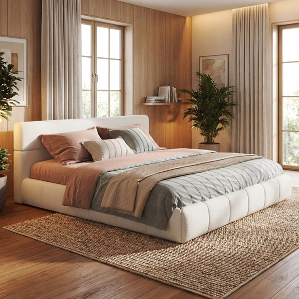 English Elm King Boucle Upholstered Platform Bed Rounded Silhouette Wooden Slat Support White N736K014142W