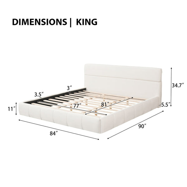 English Elm King Boucle Upholstered Platform Bed Rounded Silhouette Wooden Slat Support White N736K014142W