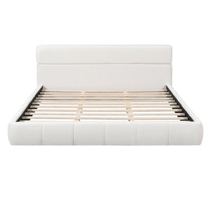 English Elm King Boucle Upholstered Platform Bed Rounded Silhouette Wooden Slat Support White N736K014142W