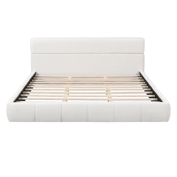 English Elm King Boucle Upholstered Platform Bed Rounded Silhouette Wooden Slat Support White N736K014142W
