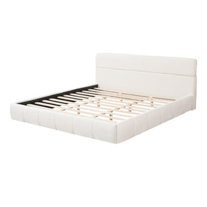 English Elm King Boucle Upholstered Platform Bed Rounded Silhouette Wooden Slat Support White N736K014142W