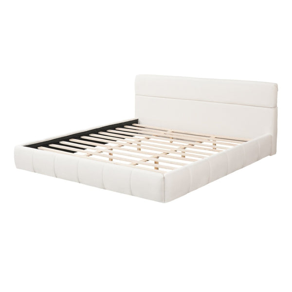 English Elm King Boucle Upholstered Platform Bed Rounded Silhouette Wooden Slat Support White N736K014142W