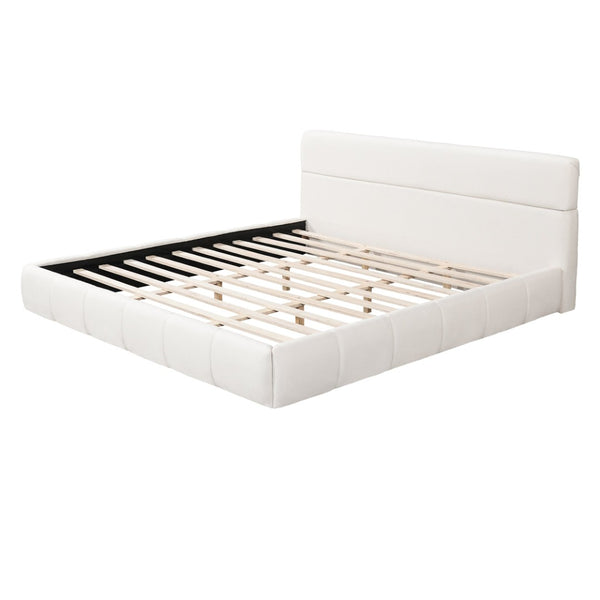 English Elm King Boucle Upholstered Platform Bed Rounded Silhouette Wooden Slat Support White N736K014142W