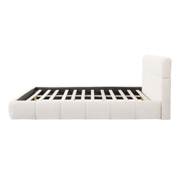 English Elm King Boucle Upholstered Platform Bed Rounded Silhouette Wooden Slat Support White N736K014142W
