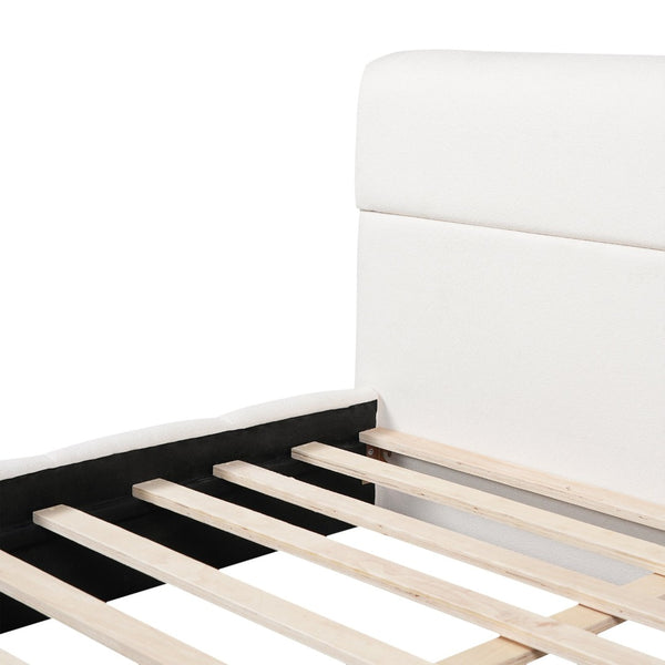 English Elm King Boucle Upholstered Platform Bed Rounded Silhouette Wooden Slat Support White N736K014142W