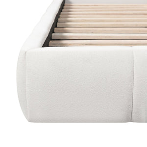 English Elm King Boucle Upholstered Platform Bed Rounded Silhouette Wooden Slat Support White N736K014142W