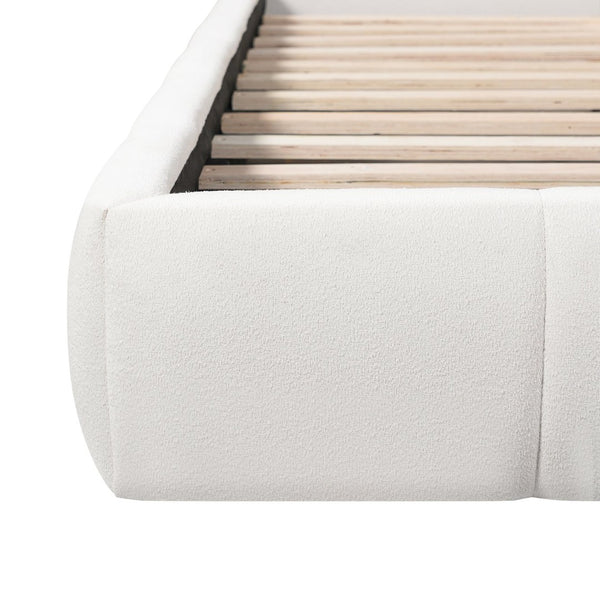 English Elm King Boucle Upholstered Platform Bed Rounded Silhouette Wooden Slat Support White N736K014142W