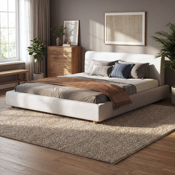 English Elm King Boucle Platform Bed Foam Padded Headboard Wood Slat Base Modern Bedroom N736K020506W