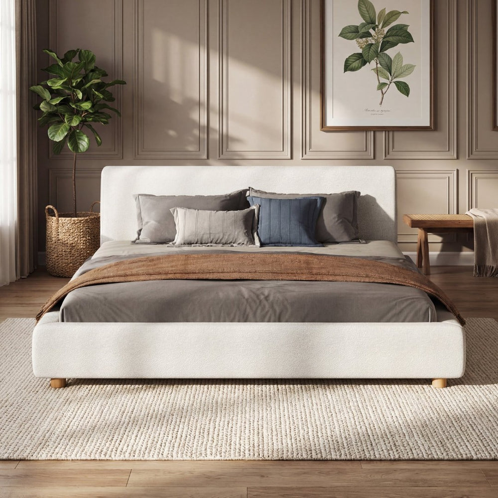 English Elm King Boucle Platform Bed Foam Padded Headboard Wood Slat Base Modern Bedroom N736K020506W