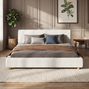 English Elm King Boucle Platform Bed Foam Padded Headboard Wood Slat Base Modern Bedroom N736K020506W