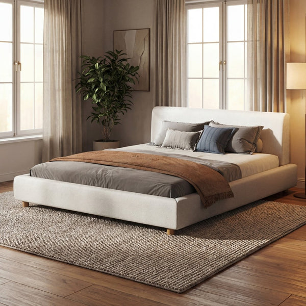 English Elm King Boucle Platform Bed Foam Padded Headboard Wood Slat Base Modern Bedroom N736K020506W