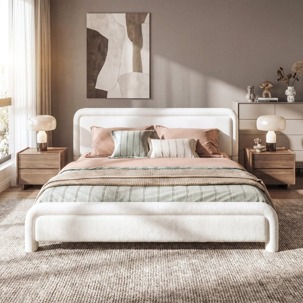 English Elm King Boucle Upholstered Platform Bed Curved Cloud Headboard Modern Minimalist Frame N736K034546W