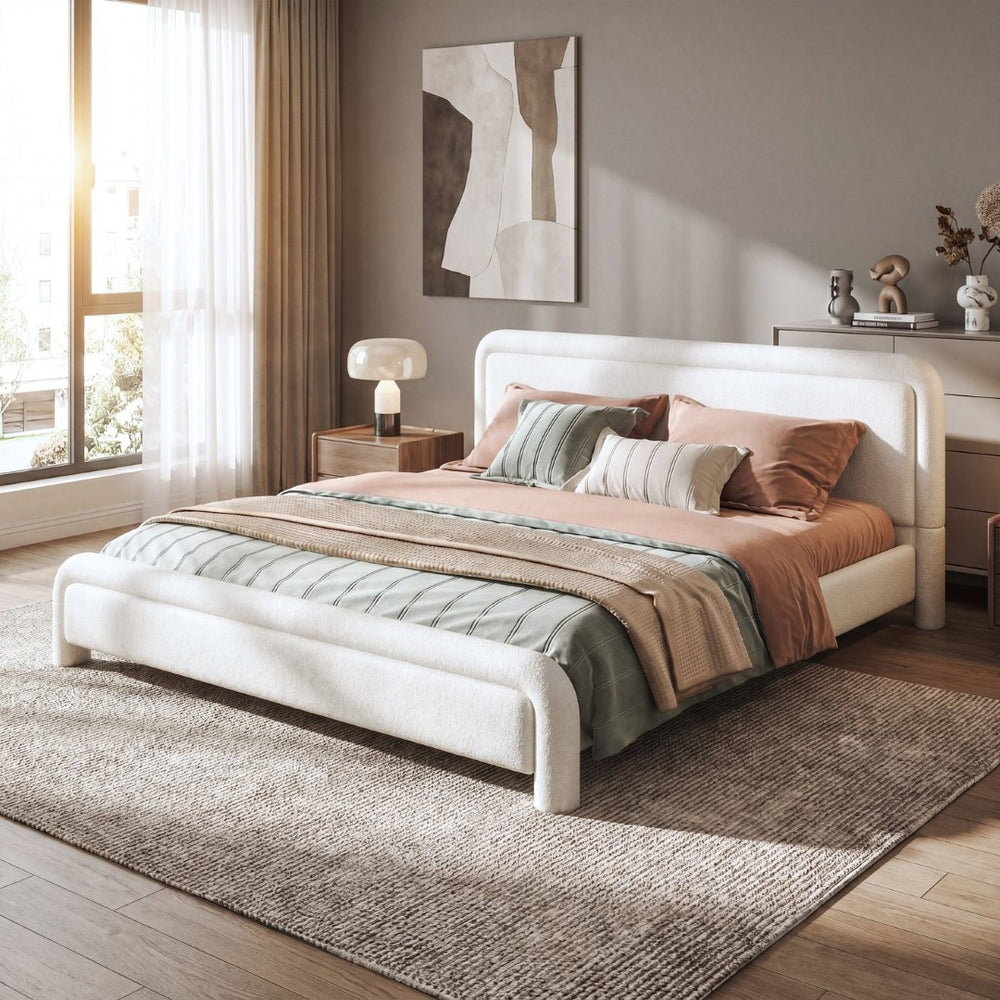 English Elm King Boucle Upholstered Platform Bed Curved Cloud Headboard Modern Minimalist Frame N736K034546W