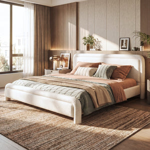 English Elm King Boucle Upholstered Platform Bed Curved Cloud Headboard Modern Minimalist Frame N736K034546W