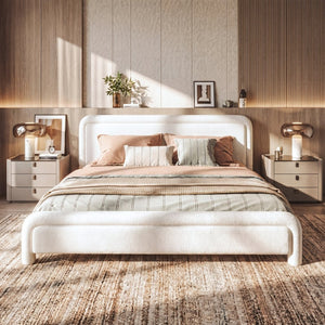 English Elm King Boucle Upholstered Platform Bed Curved Cloud Headboard Modern Minimalist Frame N736K034546W