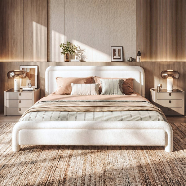 English Elm King Boucle Upholstered Platform Bed Curved Cloud Headboard Modern Minimalist Frame N736K034546W