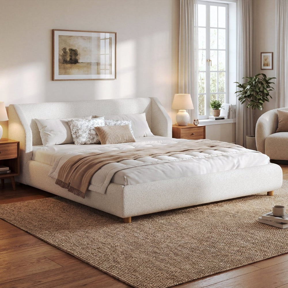 English Elm Modern Bouclé Upholstered King Bed Wingback Headboard Low Profile Wooden Slat Frame N736K046970W