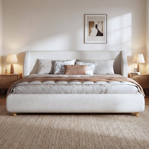 English Elm Modern Bouclé Upholstered King Bed Wingback Headboard Low Profile Wooden Slat Frame N736K046970W