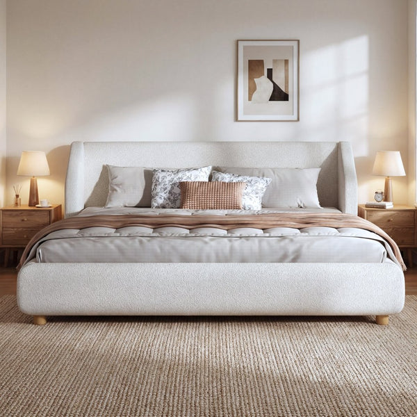 English Elm Modern Bouclé Upholstered King Bed Wingback Headboard Low Profile Wooden Slat Frame N736K046970W
