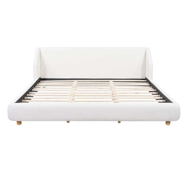 English Elm Modern Bouclé Upholstered King Bed Wingback Headboard Low Profile Wooden Slat Frame N736K046970W
