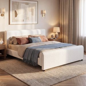 English Elm Luxury Bouclé King Platform Bed Sculptural Wingback Headboard Solid Wood Slats White N736K088384W
