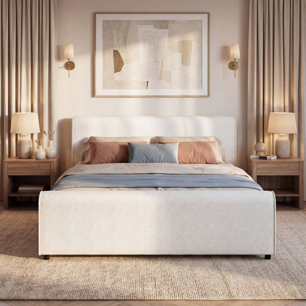 English Elm Luxury Bouclé King Platform Bed Sculptural Wingback Headboard Solid Wood Slats White N736K088384W