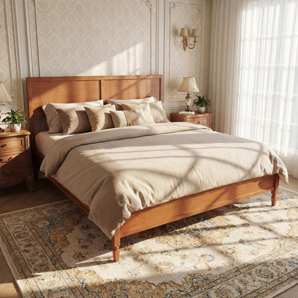 English Elm King Solid Wood Platform Bed with Panel Headboard and Turned Legs for Farmhouse Rooms Brown N736K125859D
