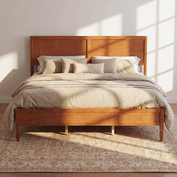 English Elm King Solid Wood Platform Bed with Panel Headboard and Turned Legs for Farmhouse Rooms Brown N736K125859D