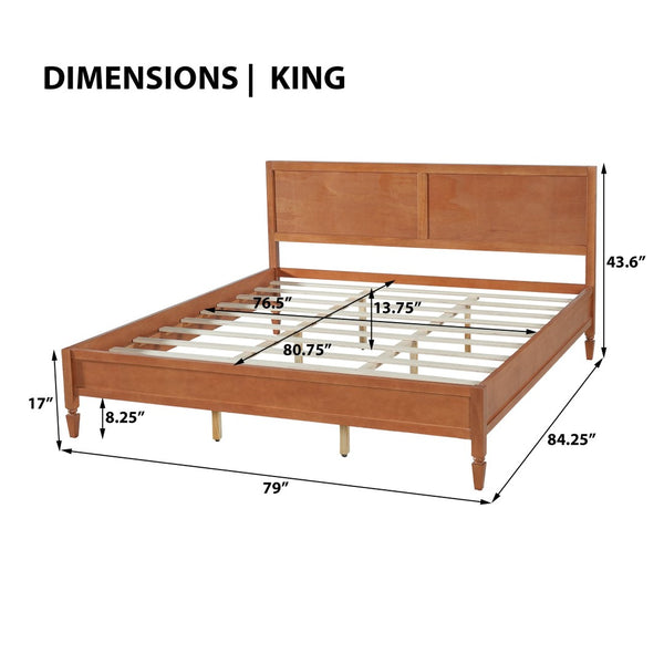 English Elm King Solid Wood Platform Bed with Panel Headboard and Turned Legs for Farmhouse Rooms Brown N736K125859D