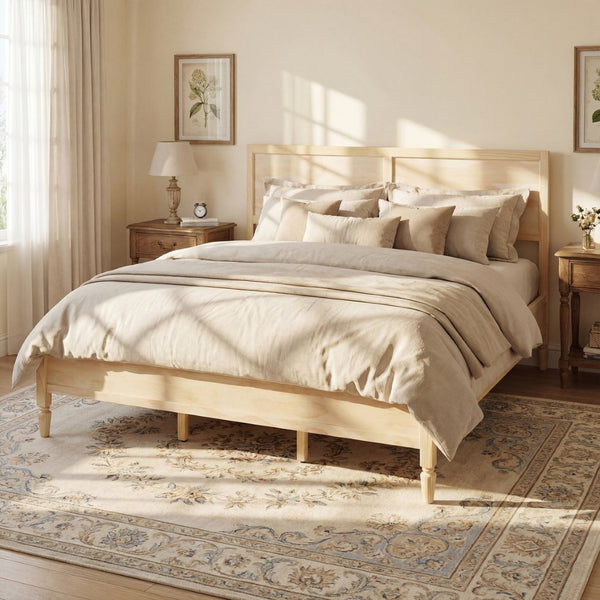 English Elm King Solid Wood Platform Bed with Panel Headboard and Turned Legs for Farmhouse Rooms Natural N736K125859N