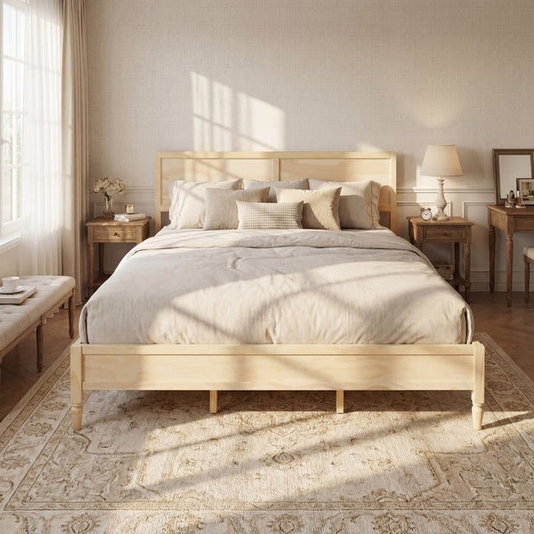 English Elm King Solid Wood Platform Bed with Panel Headboard and Turned Legs for Farmhouse Rooms Natural N736K125859N