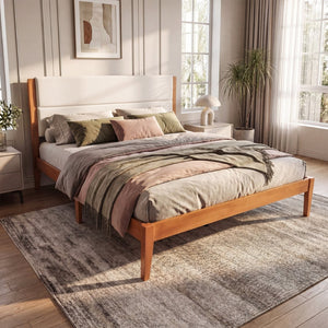 English Elm Mid-century King Platform Bed Upholstered Tufted Headboard Solid Wood Slat Frame Brown N736K135556B