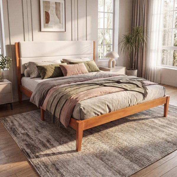 English Elm Mid-century King Platform Bed Upholstered Tufted Headboard Solid Wood Slat Frame Brown N736K135556B