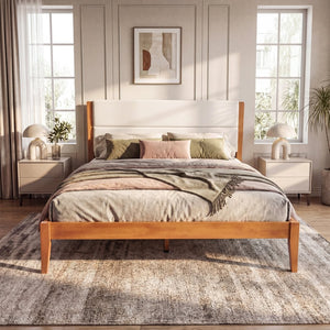 English Elm Mid-century King Platform Bed Upholstered Tufted Headboard Solid Wood Slat Frame Brown N736K135556B