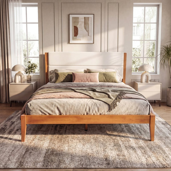 English Elm Mid-century King Platform Bed Upholstered Tufted Headboard Solid Wood Slat Frame Brown N736K135556B