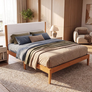 English Elm Mid-century King Platform Bed Upholstered Tufted Headboard Solid Wood Slat Frame Brown N736K135556B