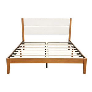 English Elm Mid-century King Platform Bed Upholstered Tufted Headboard Solid Wood Slat Frame Brown N736K135556B