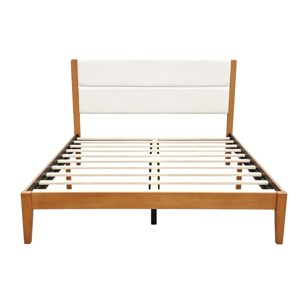 English Elm Mid-century King Platform Bed Upholstered Tufted Headboard Solid Wood Slat Frame Brown N736K135556B