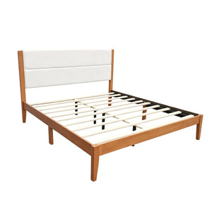 English Elm Mid-century King Platform Bed Upholstered Tufted Headboard Solid Wood Slat Frame Brown N736K135556B