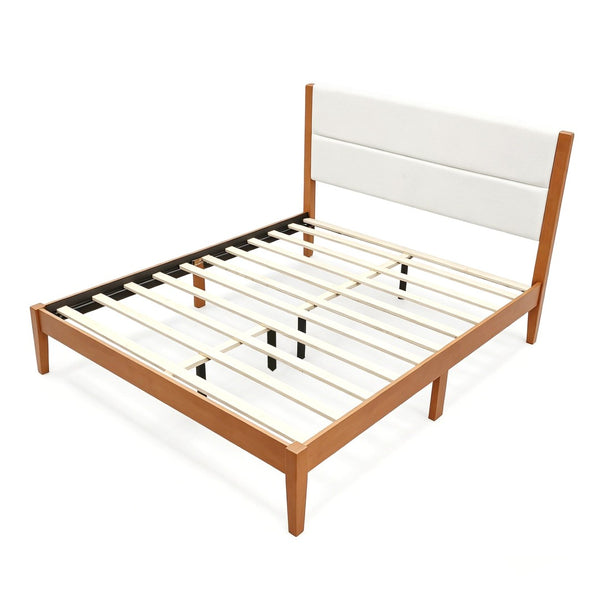 English Elm Mid-century King Platform Bed Upholstered Tufted Headboard Solid Wood Slat Frame Brown N736K135556B