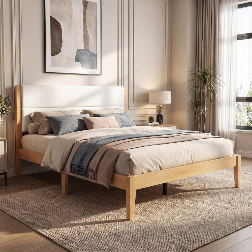 English Elm Mid-century King Platform Bed Upholstered Tufted Headboard Solid Wood Slat Frame Natural N736K135556N