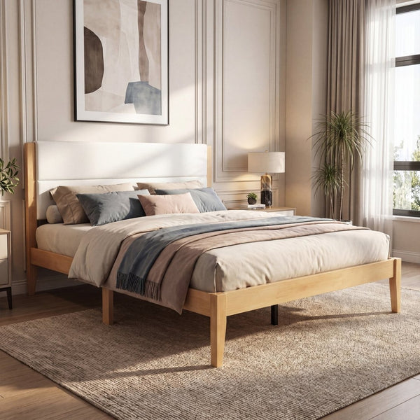 English Elm Mid-century King Platform Bed Upholstered Tufted Headboard Solid Wood Slat Frame Natural N736K135556N