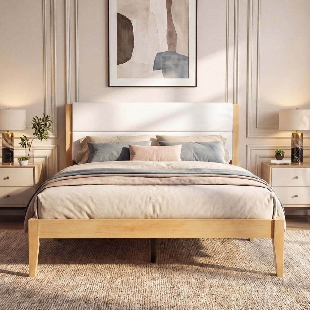 English Elm Mid-century King Platform Bed Upholstered Tufted Headboard Solid Wood Slat Frame Natural N736K135556N