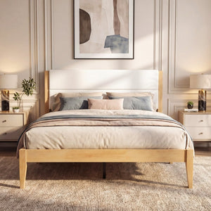 English Elm Mid-century King Platform Bed Upholstered Tufted Headboard Solid Wood Slat Frame Natural N736K135556N