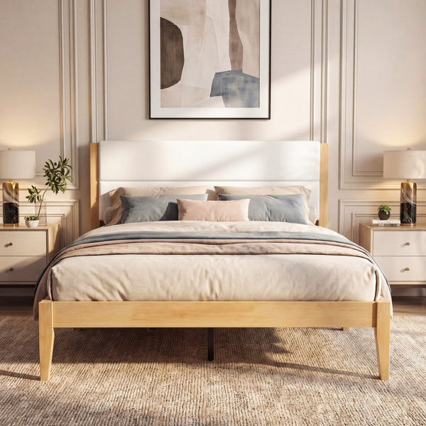 English Elm Mid-century King Platform Bed Upholstered Tufted Headboard Solid Wood Slat Frame Natural N736K135556N