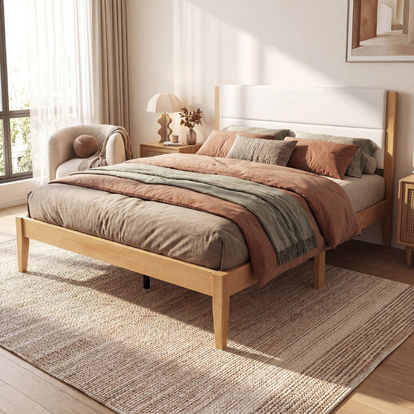 English Elm Mid-century King Platform Bed Upholstered Tufted Headboard Solid Wood Slat Frame Natural N736K135556N